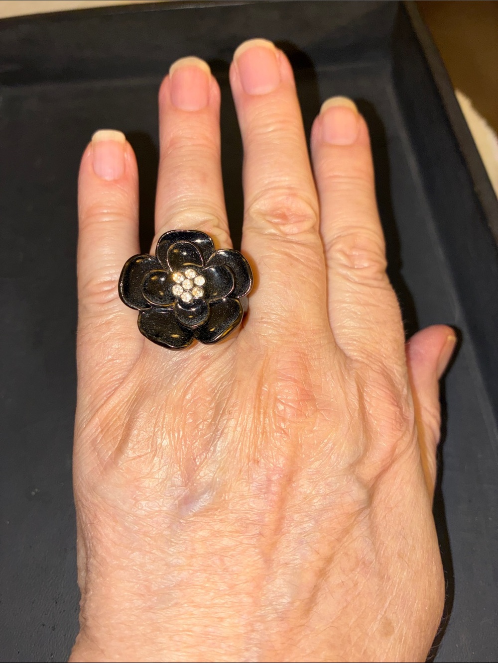 Black Crystal Cluster Floral Statement Ring With Watch Under The Flower.